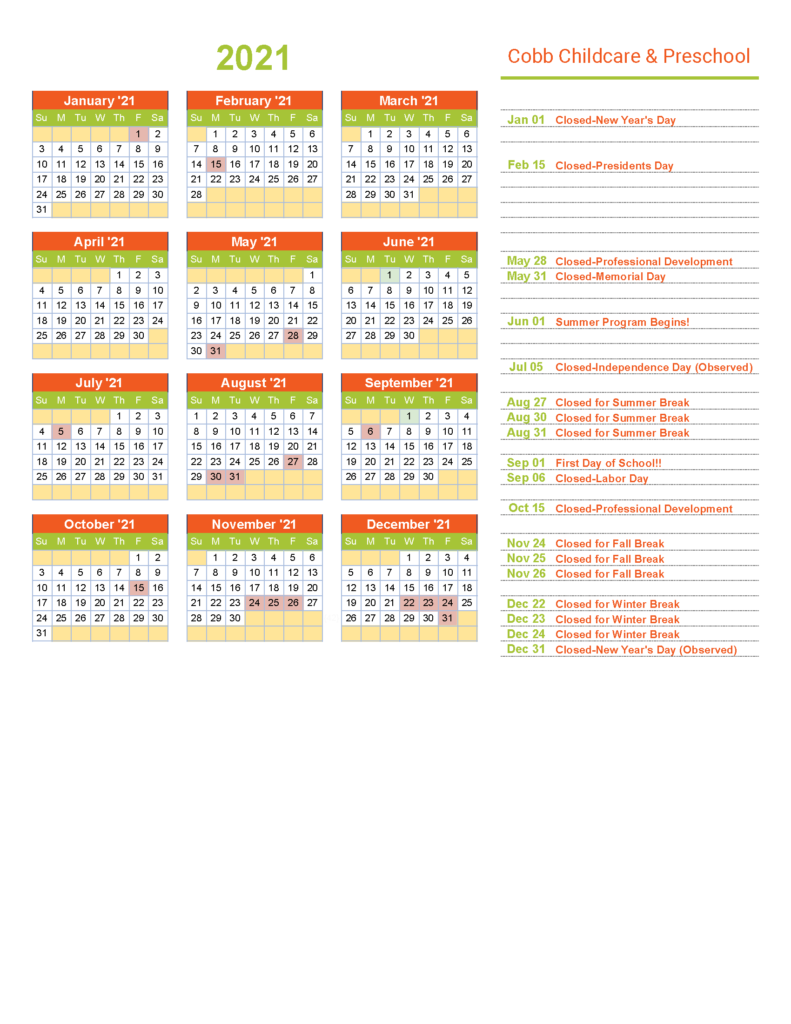 Annual Calendar Cobb Childcare & Preschool